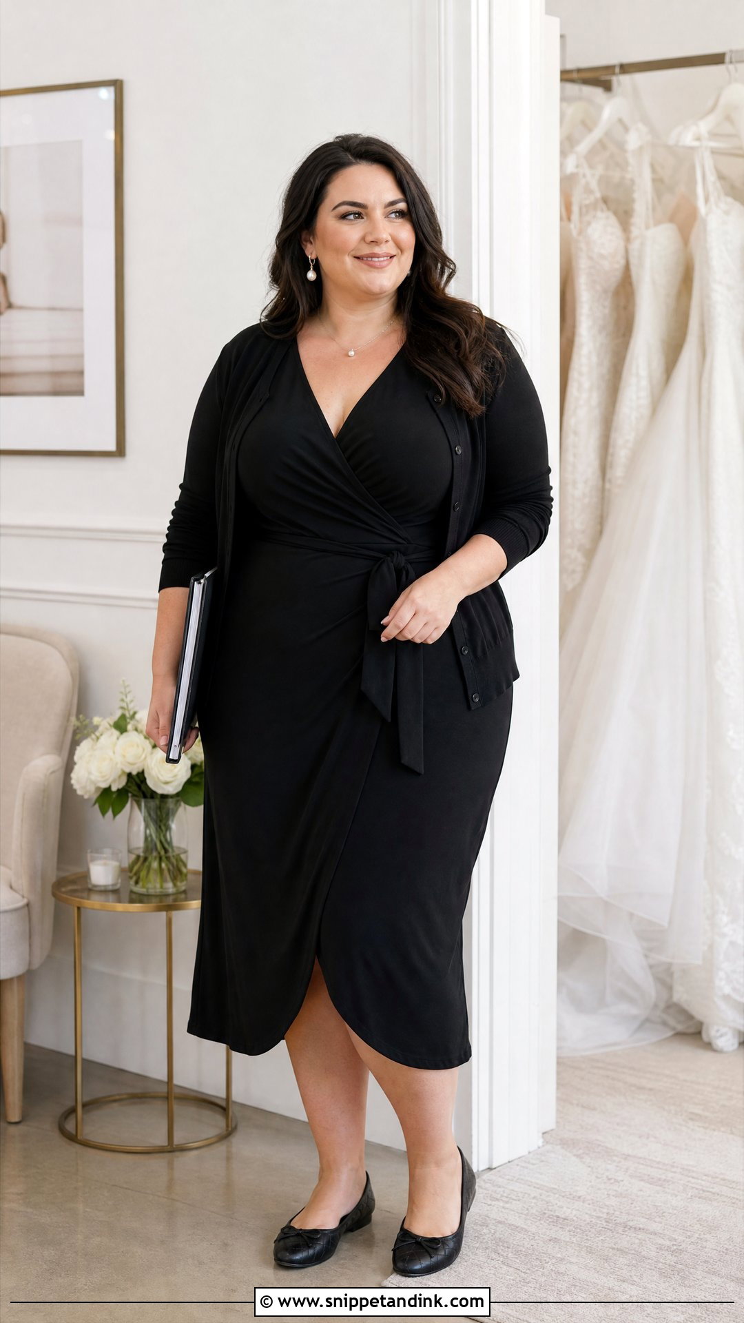 Black Wrap Dress And Ballet Flats Outfit - Snippet and Ink - 20 Bridal Stylist Work Outfit Ideas