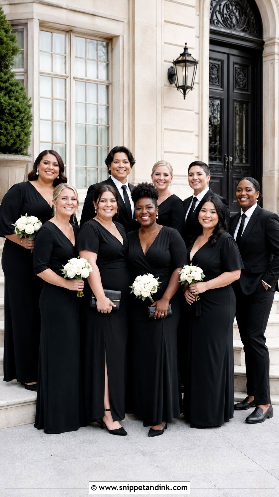 Black Wrap Gowns And Classic Black Suits - Snippet and Ink - 20 Black and White Wedding Party Attire Ideas