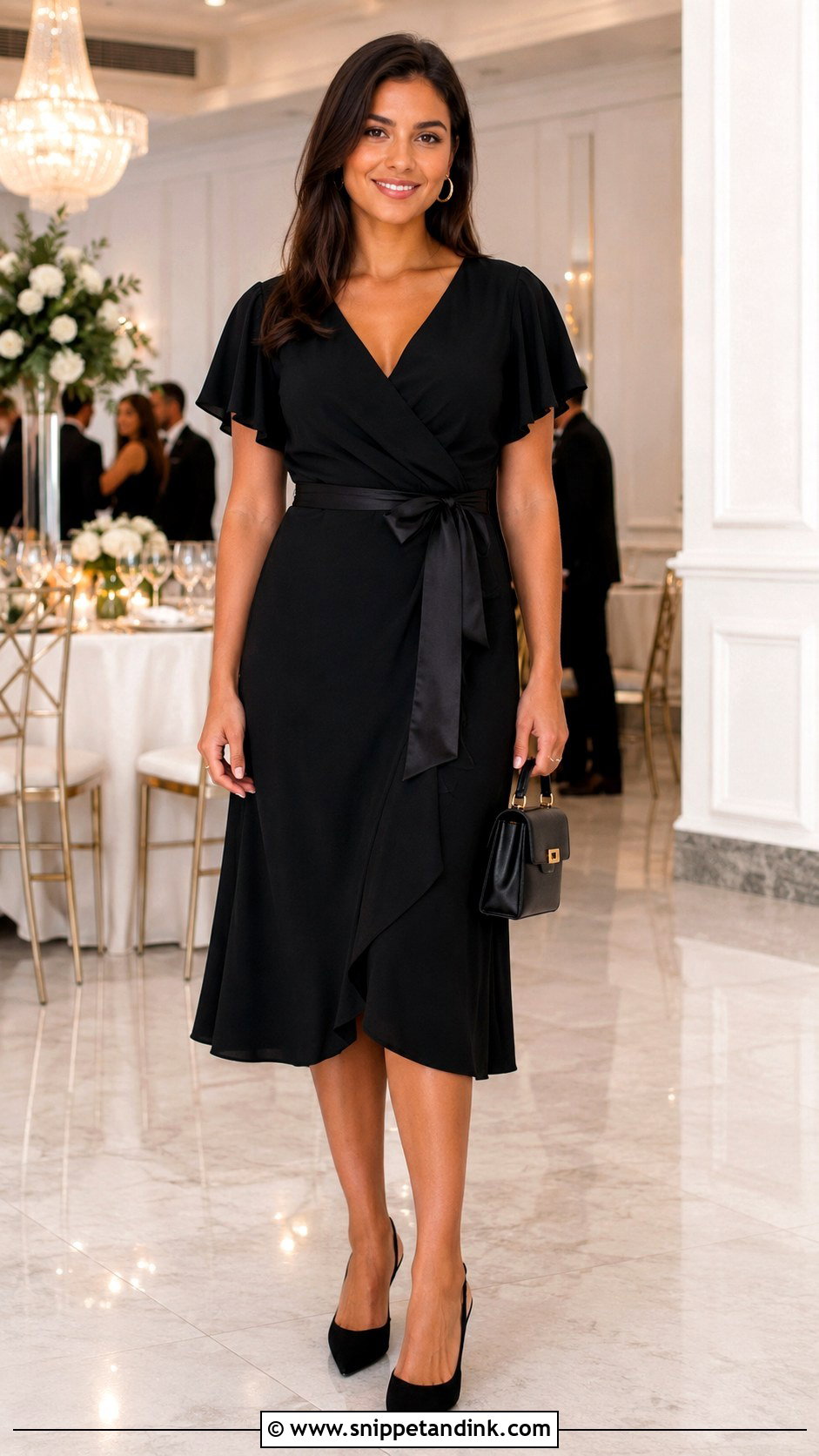 Black Wrap Midi Dress Outfit - Snippet and Ink - 20 Black Wedding Attire Ideas