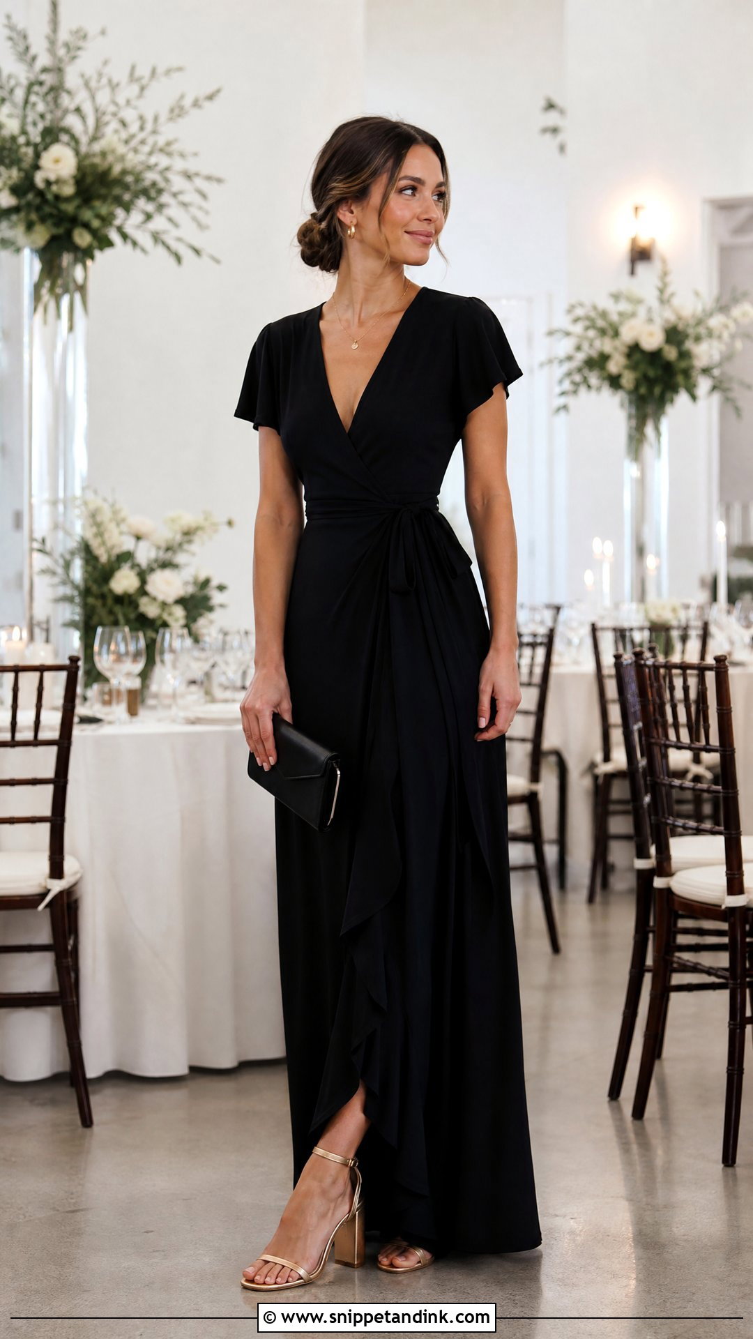 Black Wrap Wedding Party Dress With Gold Sandals - Snippet and Ink - 20 Wedding Party Black Dresses