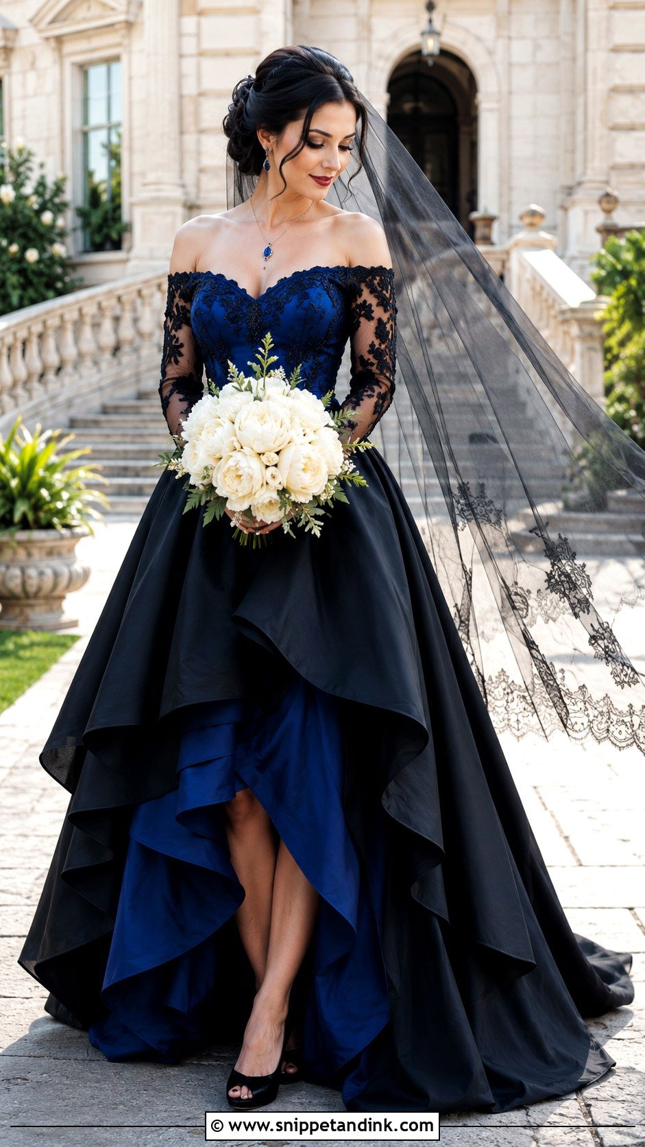 Black and Blue Off the Shoulder Wedding Dress - Snippet and Ink - 20 Black and Blue Wedding Dress Ideas