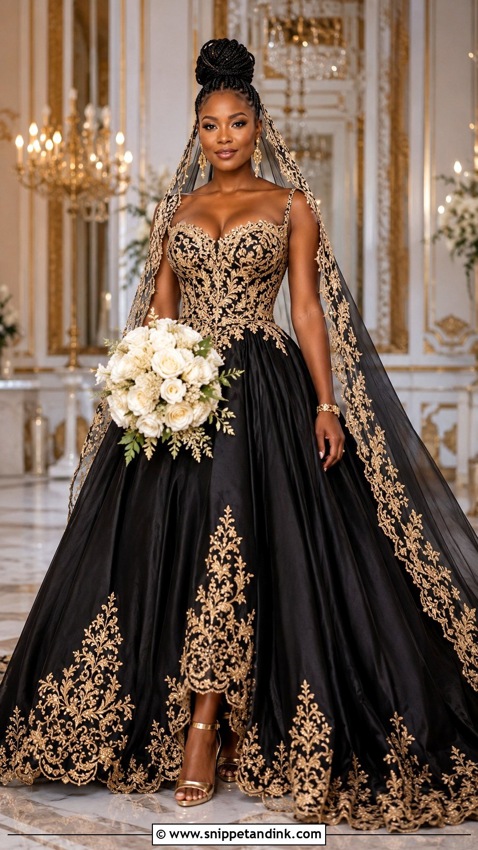 Black and Gold Ballgown Wedding Dress With Matching Veil - Snippet and Ink - 20 Ballgown Wedding Dress Black Woman Ideas