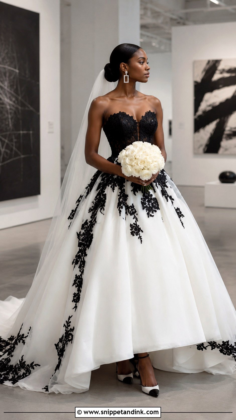 Black and White Ballgown Wedding Dress With White Flowers - Snippet and Ink - 20 Ballgown Wedding Dress Black Woman Ideas