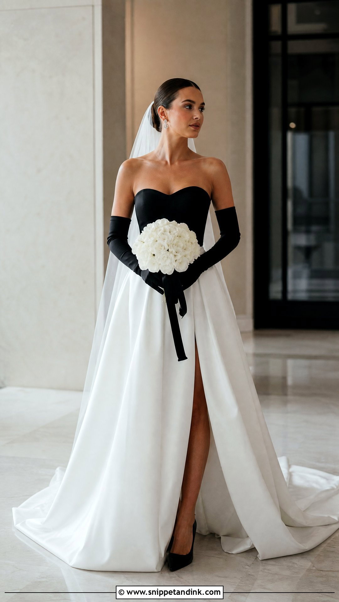 Black and White Wedding Dress With Black Gloves - Snippet and Ink - 20 Wedding Dress and Gloves Ideas