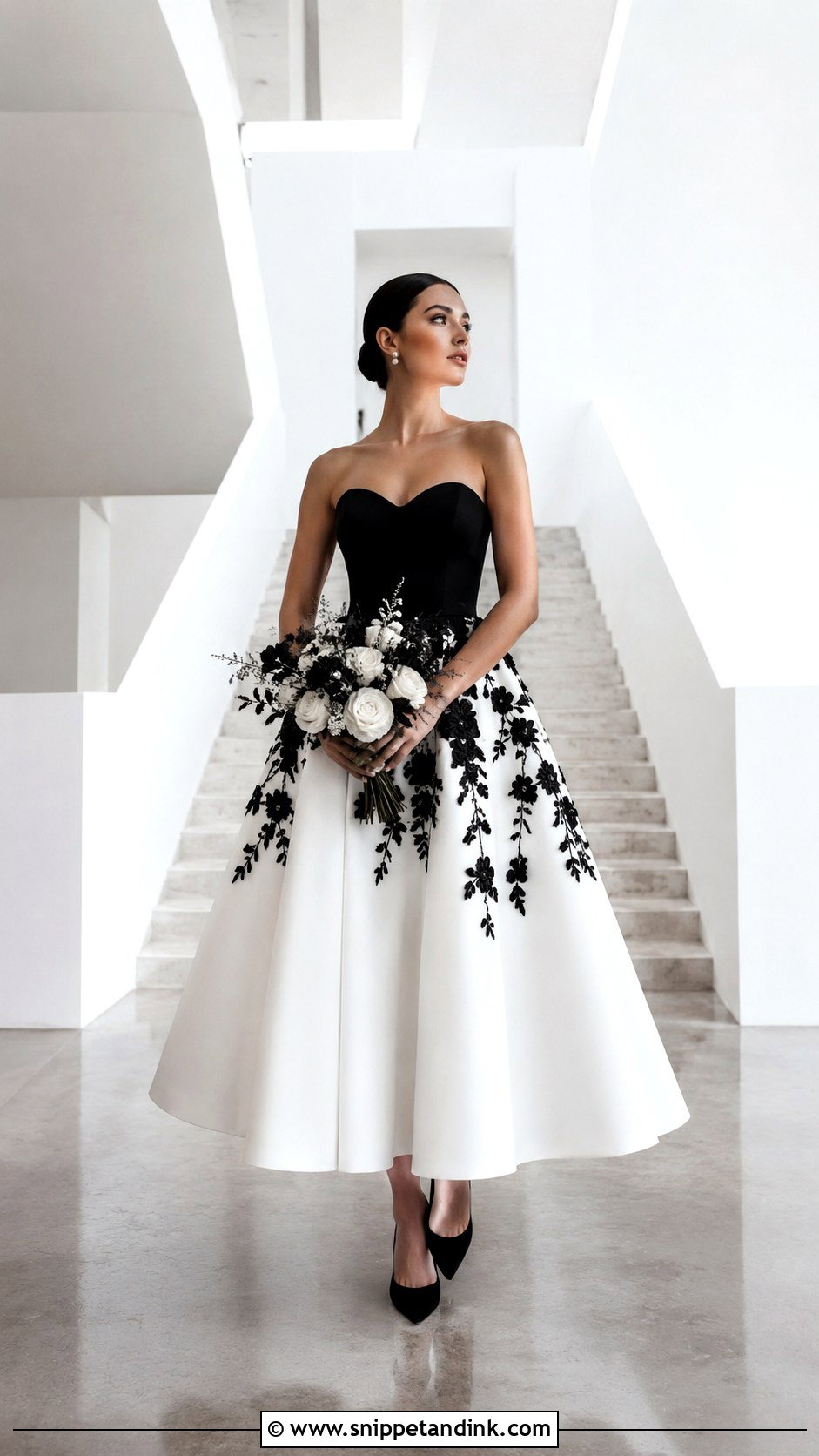 Black and White Wedding Dress in a Modern Gallery - Snippet and Ink - 20 Black Wedding Dress Photoshoot Ideas
