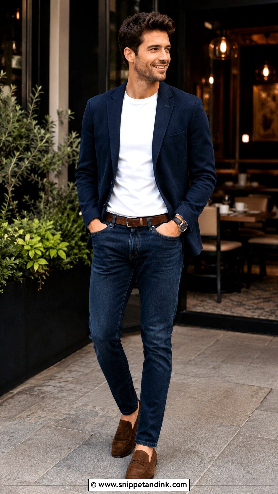 Blazer And Dark Jeans Bachelor Party Outfit - Snippet and Ink - 20 Bachelor Party Outfit Ideas