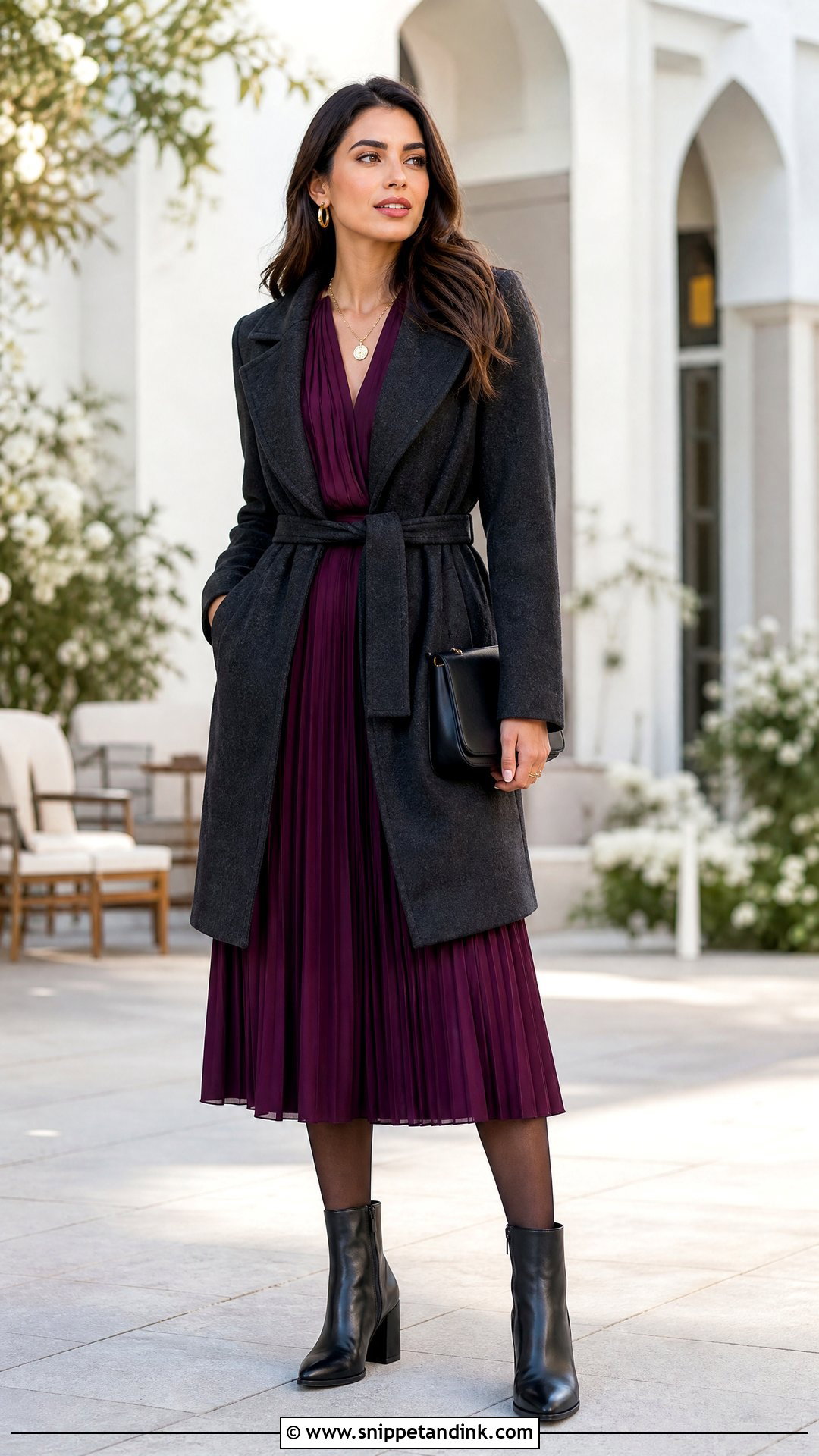 Block Heel Boots With Pleated Midi Dress - Snippet and Ink - 20 Winter Wedding Boots Ideas