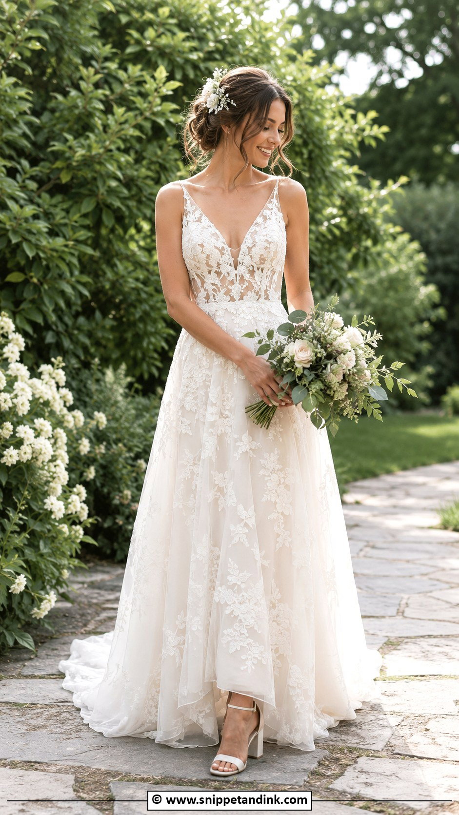 Block Heel Bridal Sandals With A Garden Wedding Dress - Snippet and Ink - 30 Bridal Footwear Ideas