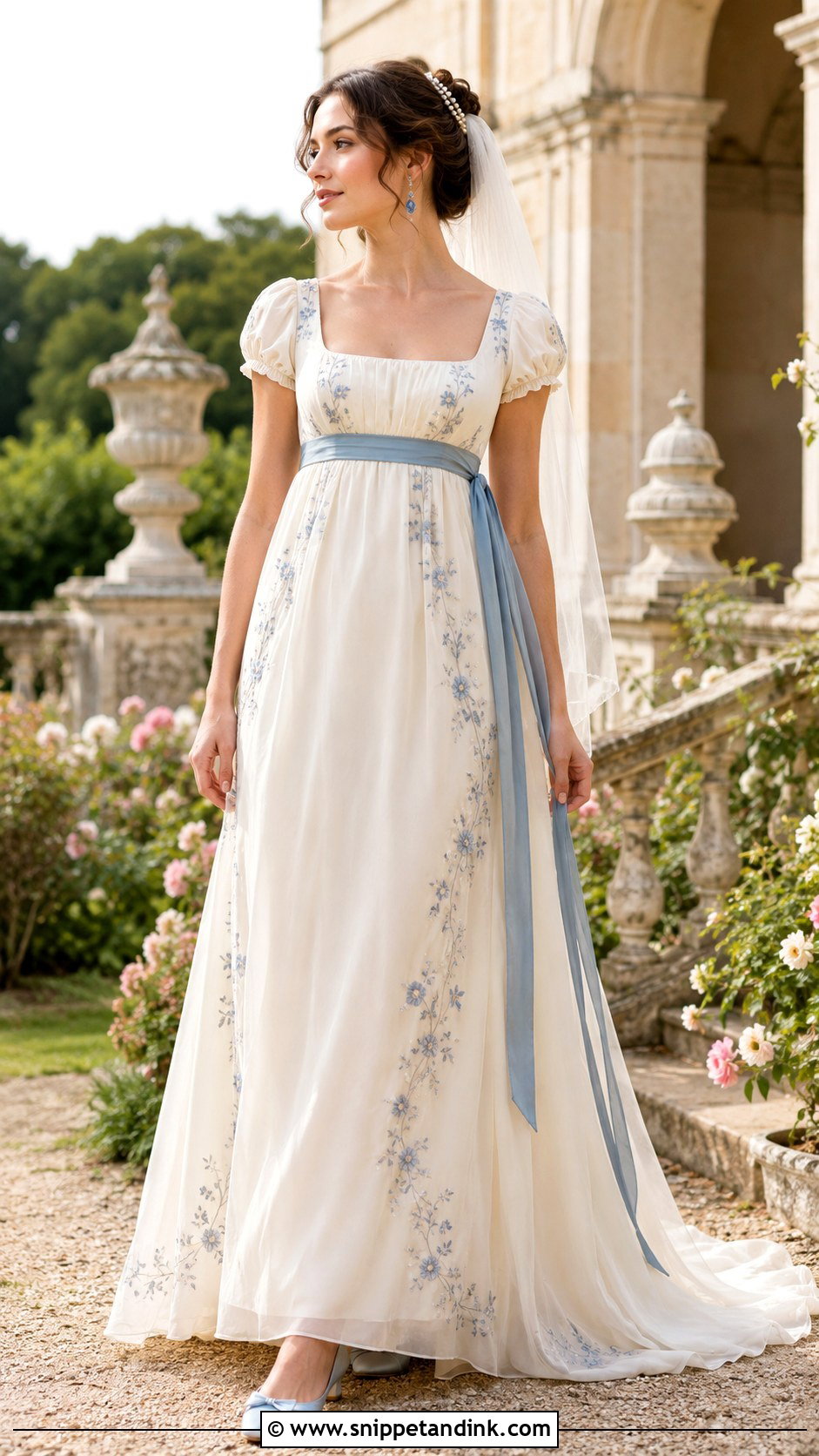 Blue Accent Regency Era Wedding Dress - Snippet and Ink - 20 Regency Era Wedding Dress Ideas