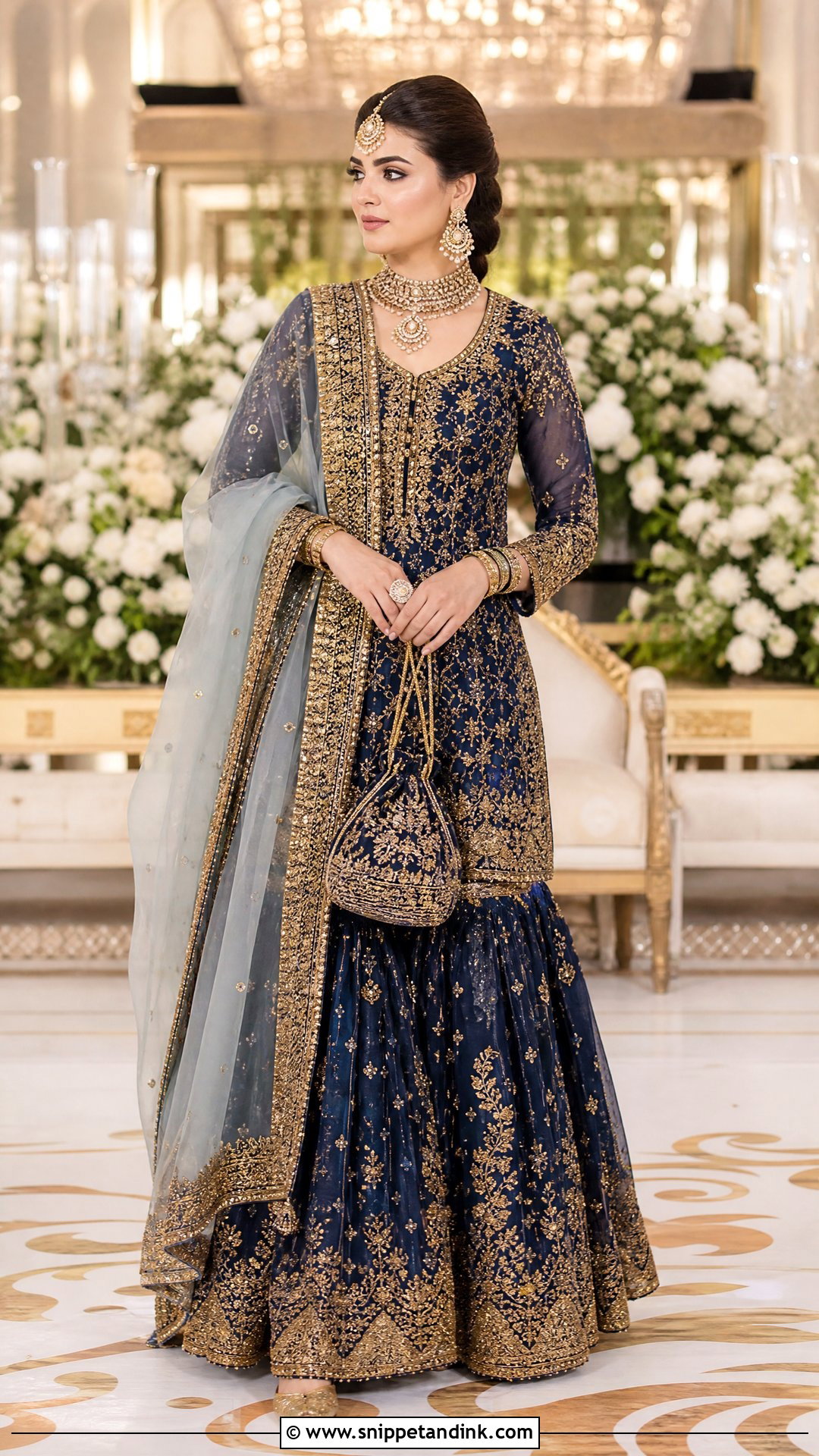 Blue And Gold Farshi Gharara - Snippet and Ink - 20 Blue Walima Dress Ideas
