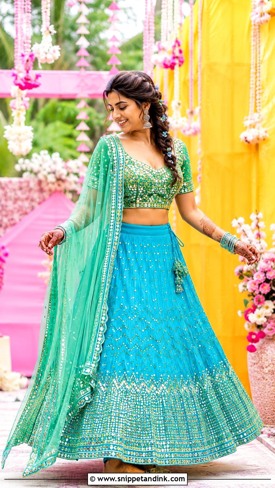 Blue And Green Lehenga Mehndi Bride Outfit - Snippet and Ink - 20 Haldi Mehndi Outfit for Bride Ideas
