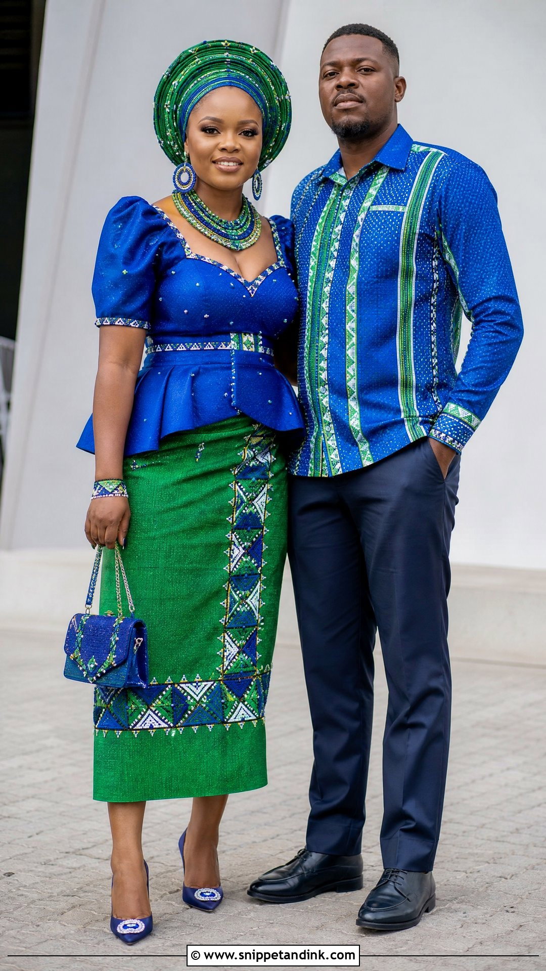 Blue And Green Tsonga Couple Attire - Snippet and Ink - 20 Tsonga Traditional Attire for Couples Ideas