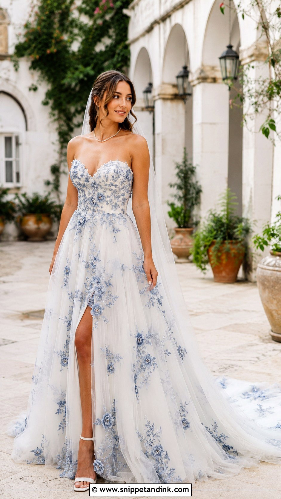Blue And White Floral Applique Wedding Dress - Snippet and Ink - 25 Blue and White Wedding Dress Ideas