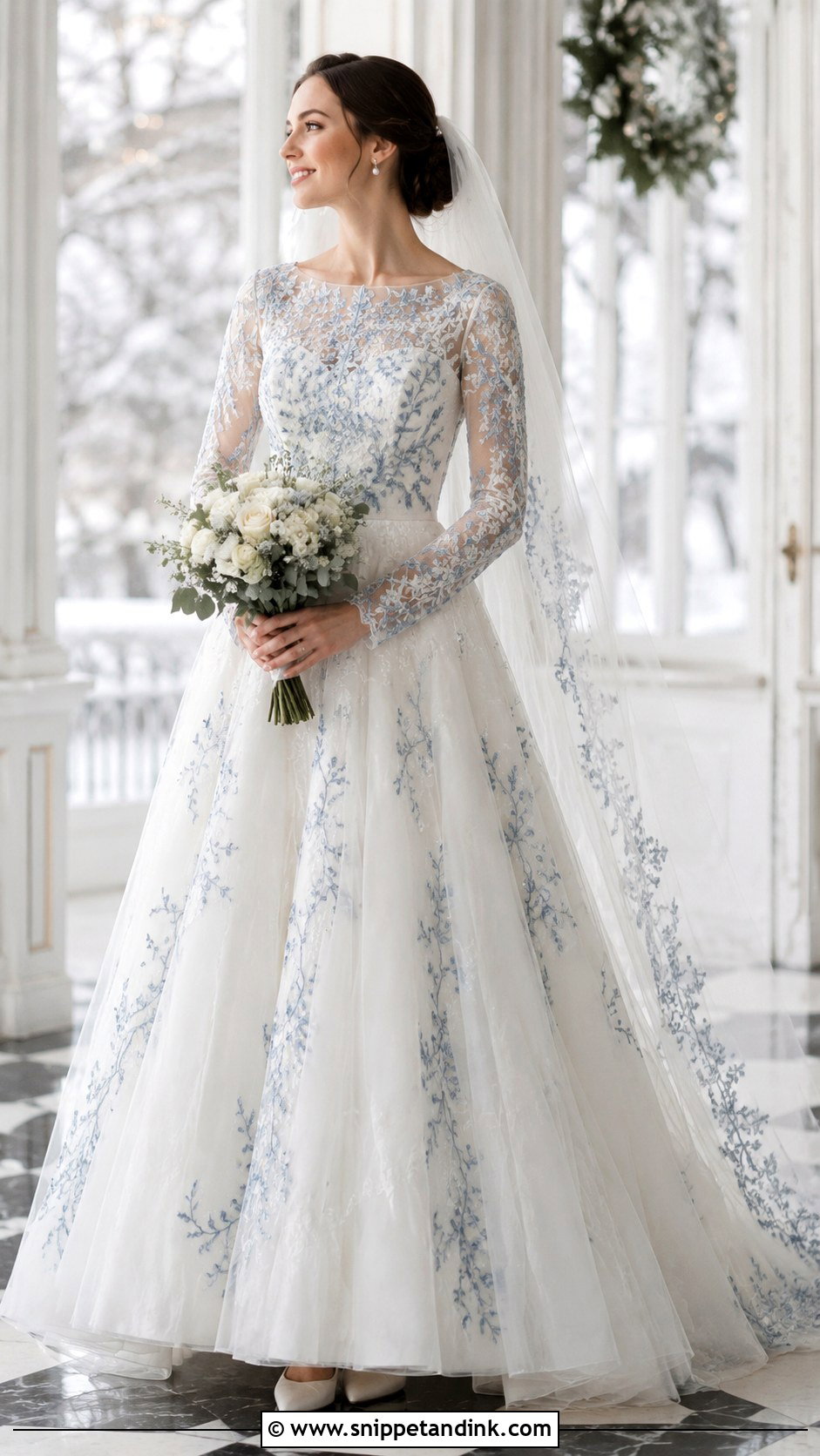 Blue And White Long Sleeve Wedding Dress - Snippet and Ink - 25 Blue and White Wedding Dress Ideas