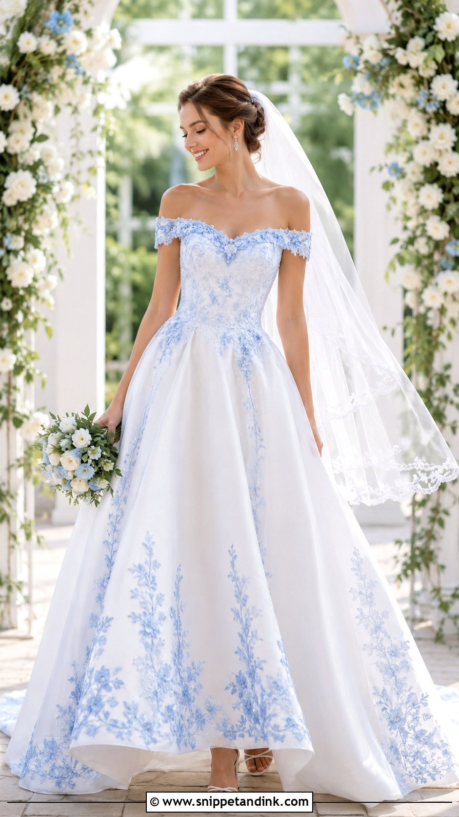 Blue And White Off Shoulder Wedding Dress - Snippet and Ink - 25 Blue and White Wedding Dress Ideas