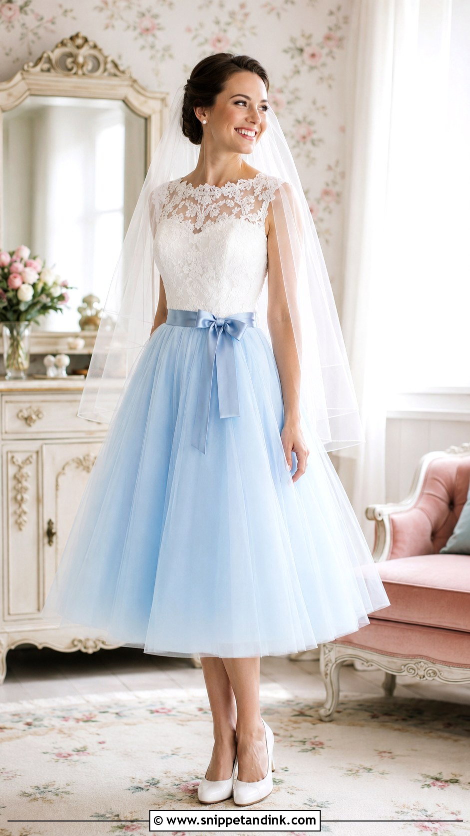 Blue And White Tea Length Wedding Dress - Snippet and Ink - 25 Blue and White Wedding Dress Ideas