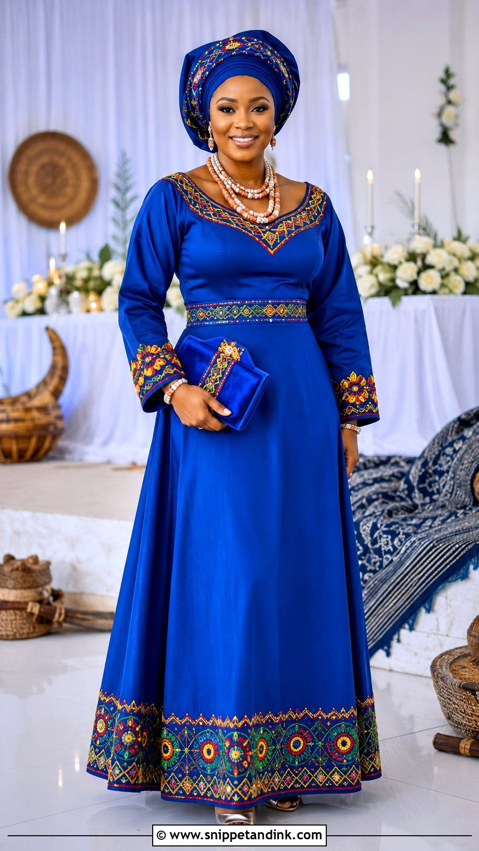 Blue Bamenda Toghu A Line Gown - Snippet and Ink - 20 Bamenda Traditional Wedding Dress Ideas