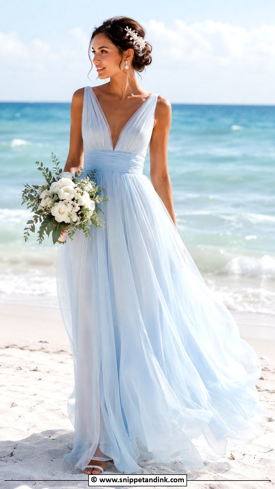 Blue Beach Bridal Dress With Pearl Accessories - Snippet and Ink - 30 Beach Bridal Dresses