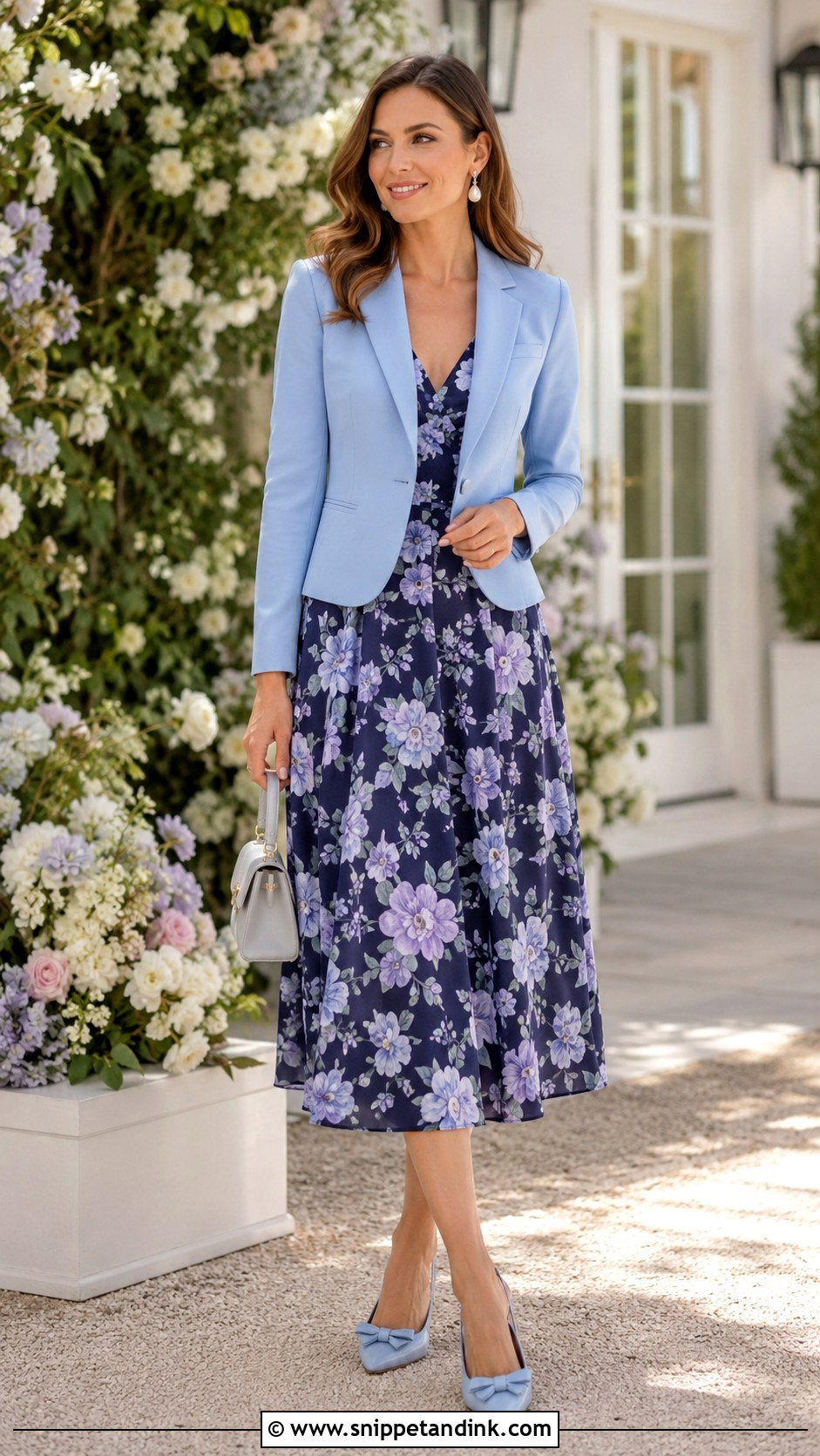 Blue Blazer With Tea Length Dress - Snippet and Ink - 20 Blazer Wedding Outfit Ideas