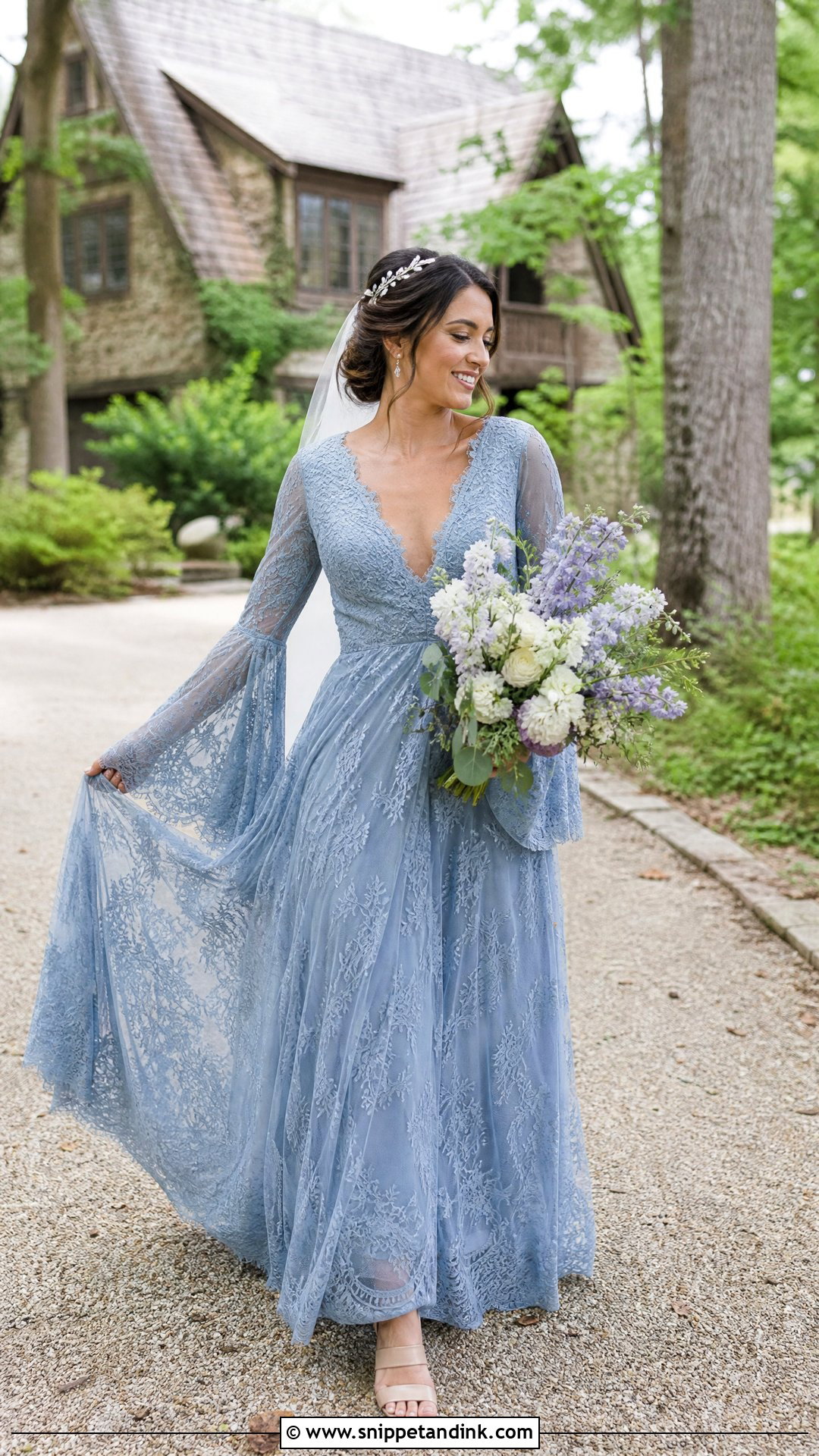 Blue Boho Bell Sleeve Bridal Dress - Snippet and Ink - 25 Blue Bridal Dress Ideas