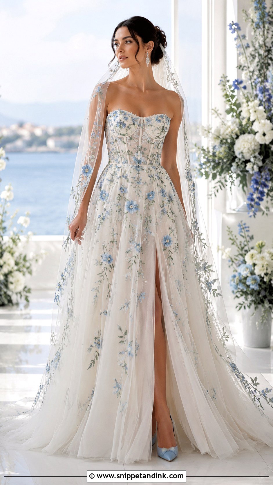 Blue Botanical Embroidered Wedding Dress - Snippet and Ink - 20 Botanical Wedding Dress Ideas