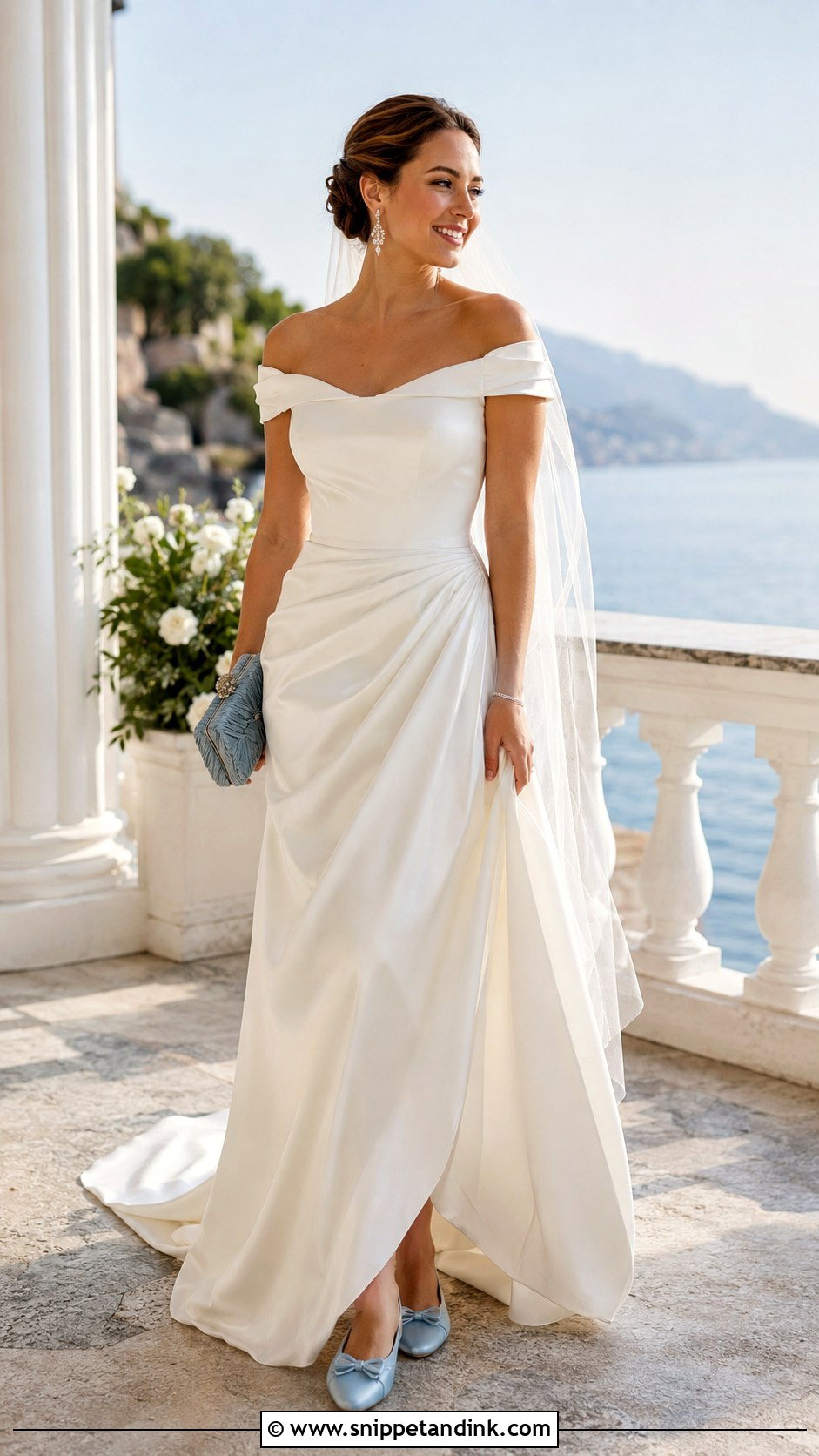 Blue Bridal Ballet Flats With Off Shoulder Dress - Snippet and Ink - 20 Bridal Ballet Flats Ideas