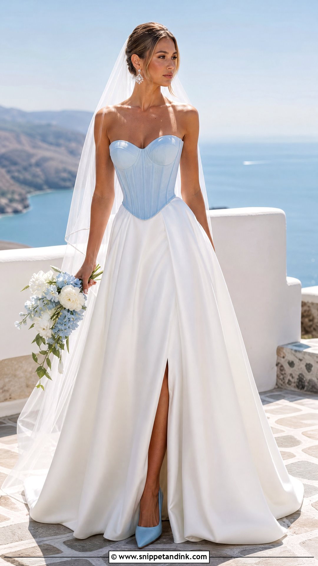 Blue Bridal Corset Top With White Satin Skirt - Snippet and Ink - 20 Bridal Corset Top Ideas