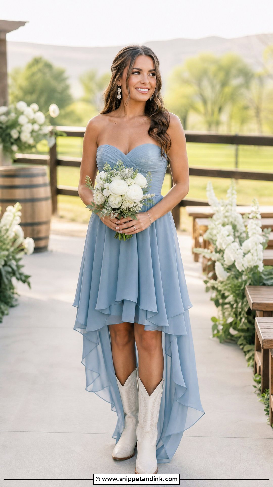 Blue Bridesmaid Dress With White Cowgirl Boots - Snippet and Ink - 25 Wedding Cowgirl Boots Ideas