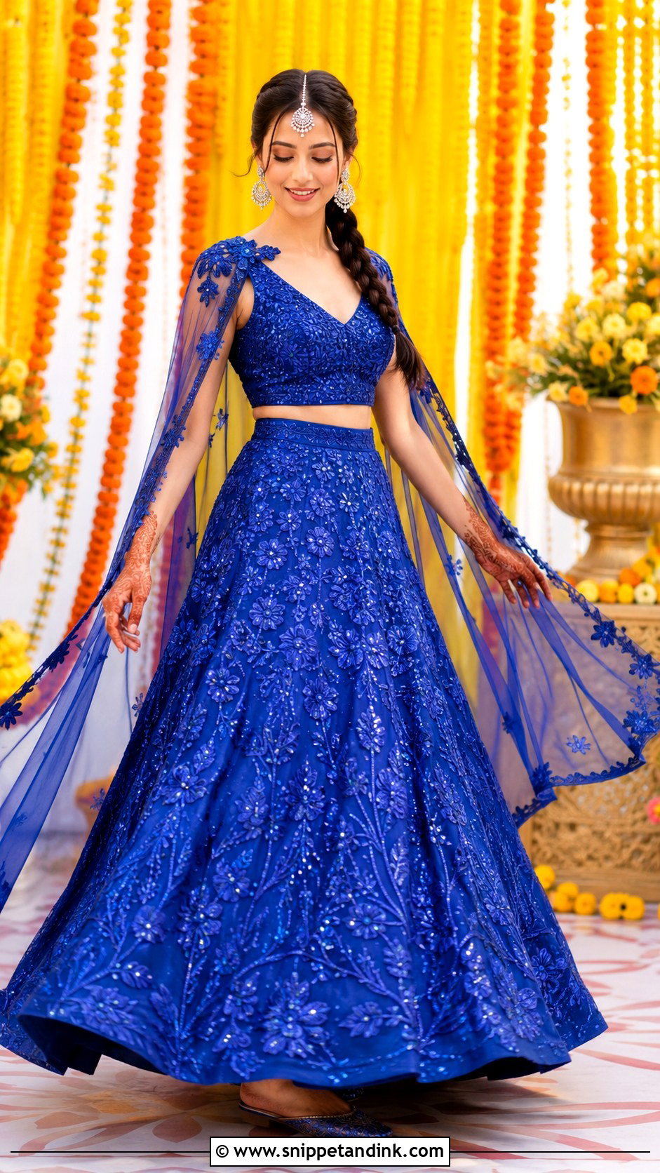 Blue Cape Lehenga Mehendi Outfit - Snippet and Ink - 20 Mehendi Ceremony Outfits Brides