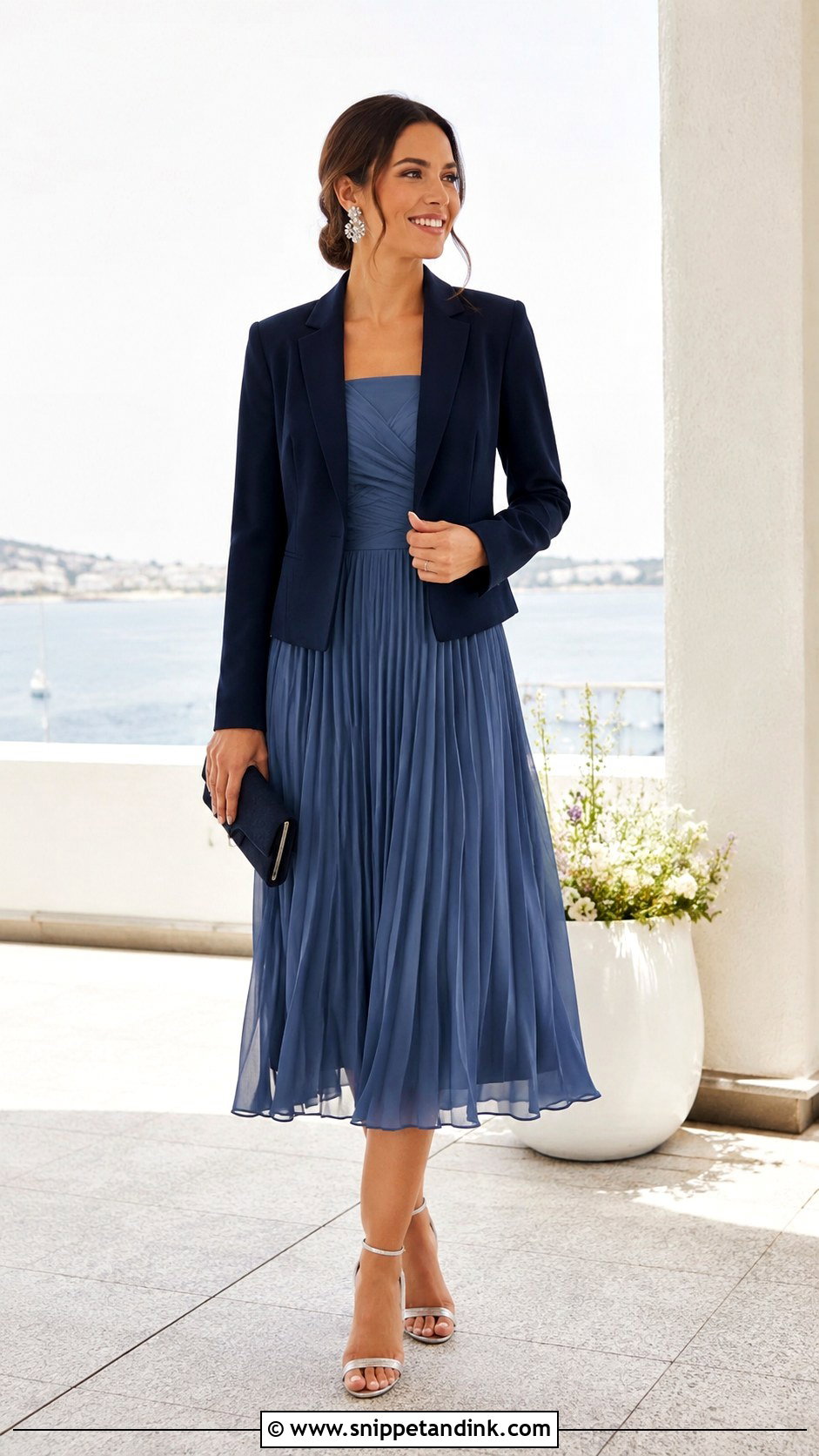 Blue Chiffon Dress and Navy Blazer Wedding Outfit - Snippet and Ink - 20 Dress and Blazer Outfit Wedding Ideas