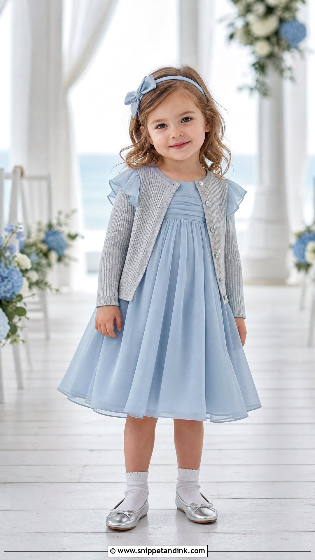 Blue Chiffon Toddler Wedding Dress With Silver Flats - Snippet and Ink - 20 Toddler Wedding Dress Ideas