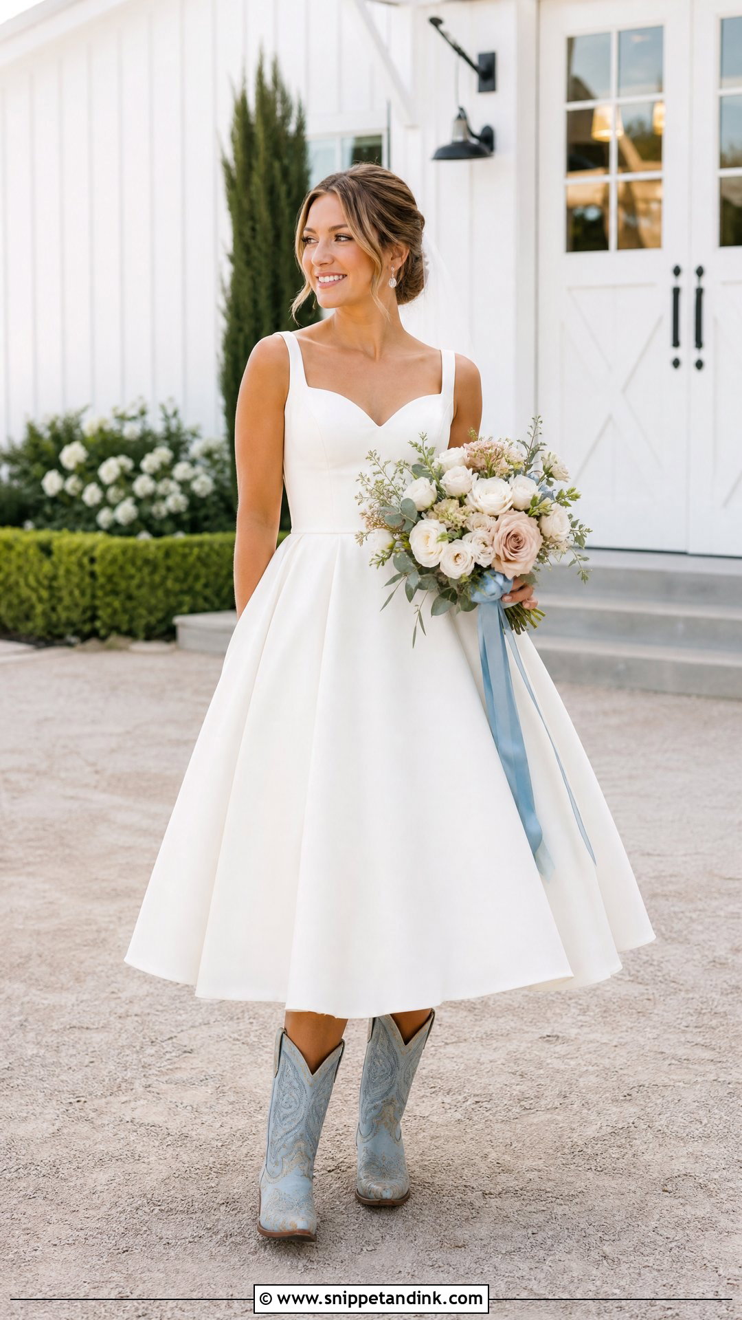 Blue Cowgirl Boots With Tea Length Wedding Dress - Snippet and Ink - 20 Wedding Cowgirl Boots for Bride Ideas