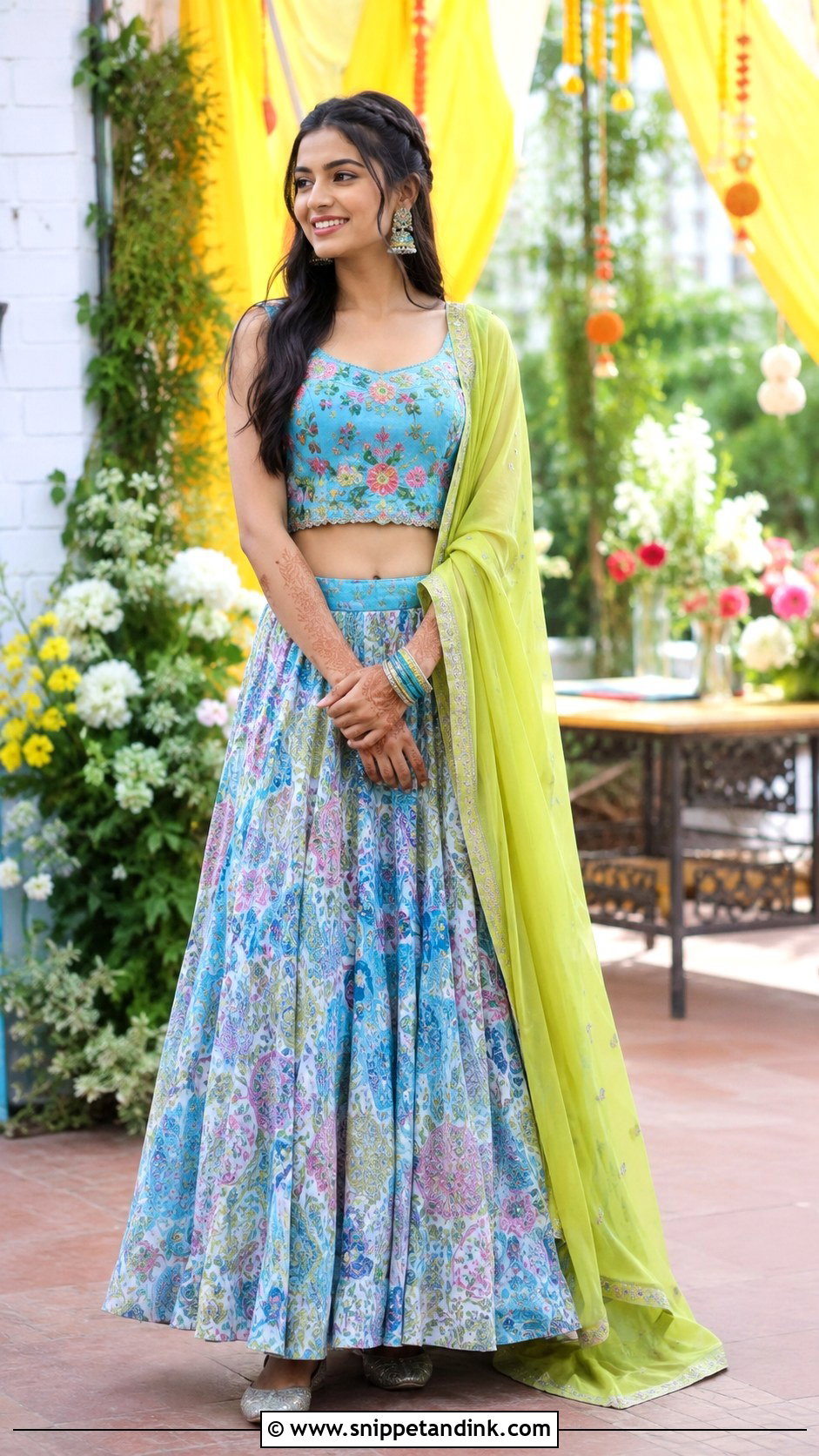 Blue Crop Top Skirt Mehendi Outfit - Snippet and Ink - 20 Indian Wedding Mehendi Outfits