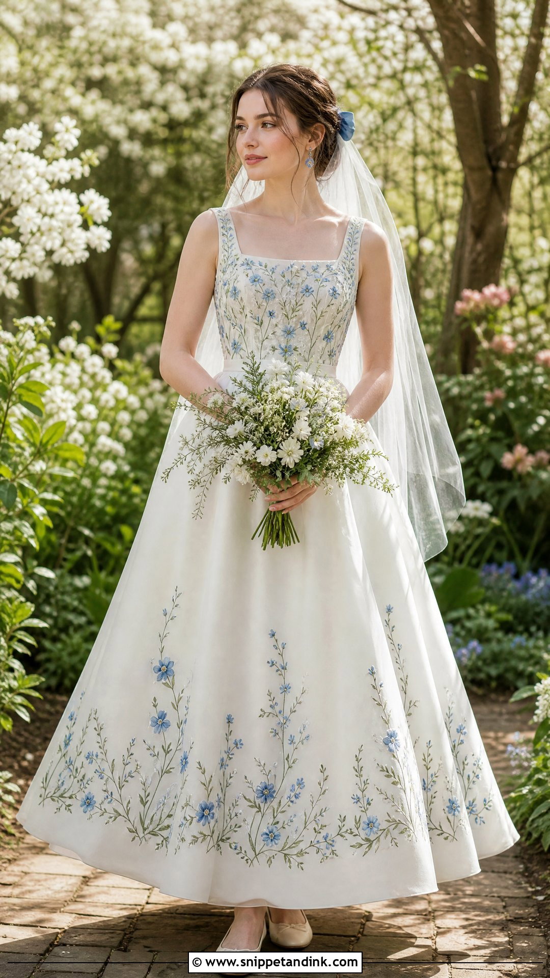 Blue Embroidered Cottage Wedding Dress - Snippet and Ink - 25 Cottage Wedding Dress Ideas