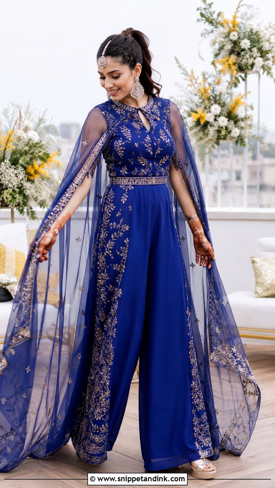 Blue Embroidered Jumpsuit For Mehendi - Snippet and Ink - 20 Mehendi Function Outfit Brides Ideas