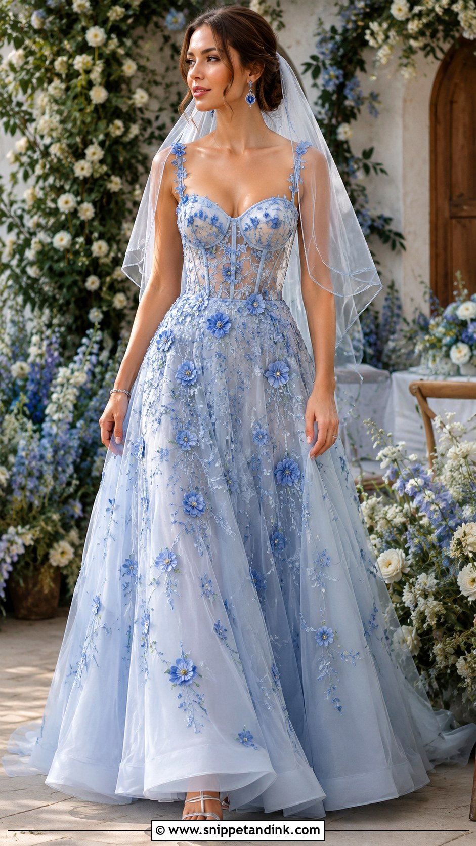 Blue Floral Applique Bridal Gown - Snippet and Ink - 20 Blue Bridal Gown Ideas