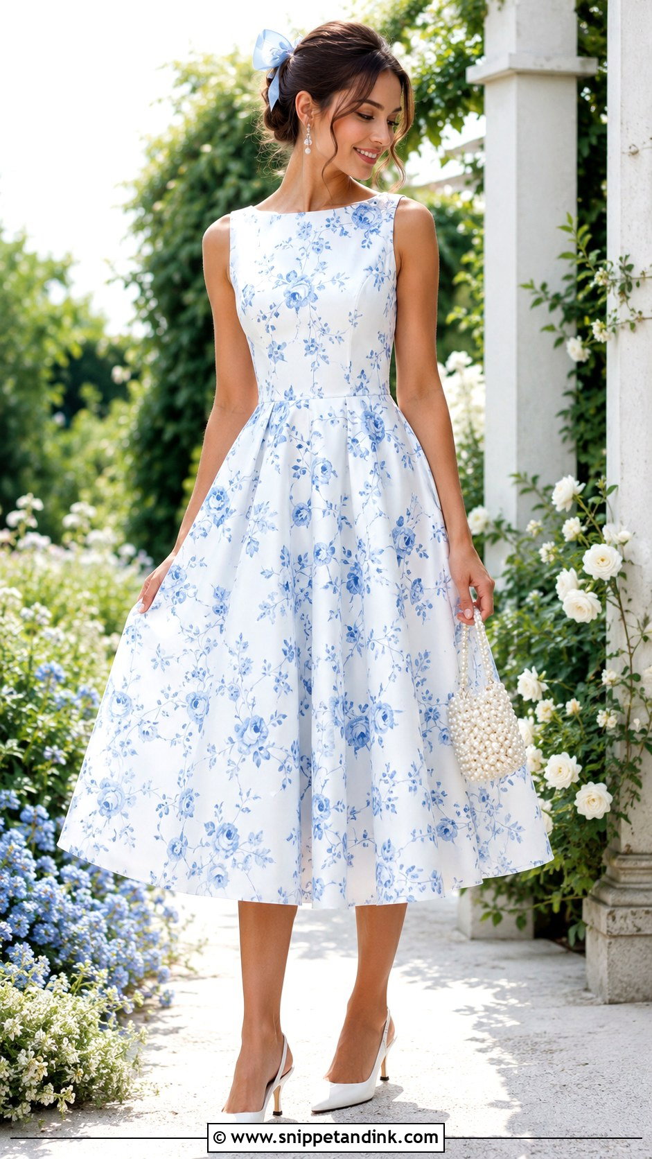 Blue Floral Bridal Cocktail Dress With White Accessories - Snippet and Ink - 20 Bridal Cocktail Dress Ideas