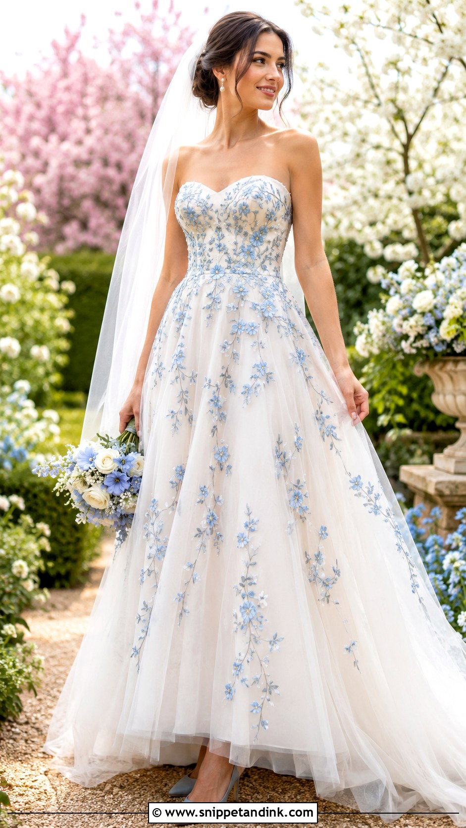 Blue Floral Embroidered Wedding Dress - Snippet and Ink - 20 Wedding Dress with Color Accents Ideas