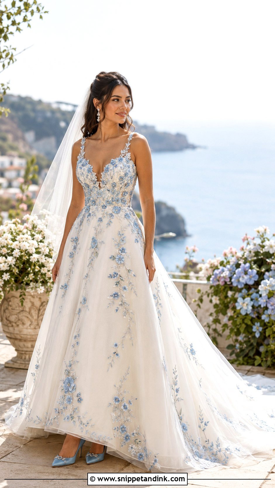 Blue Floral Embroidered Wedding Gown - Snippet and Ink - 20 Embroidered Wedding Gown Ideas