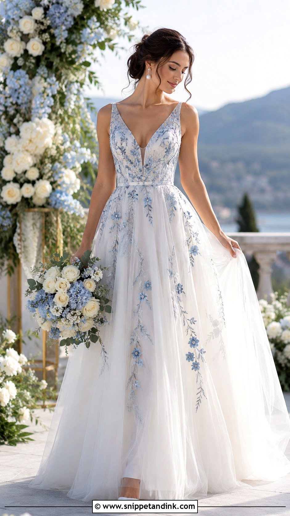 Blue Floral Embroidery Wedding Dress - Snippet and Ink - 25 Blue and White Wedding Dress Ideas