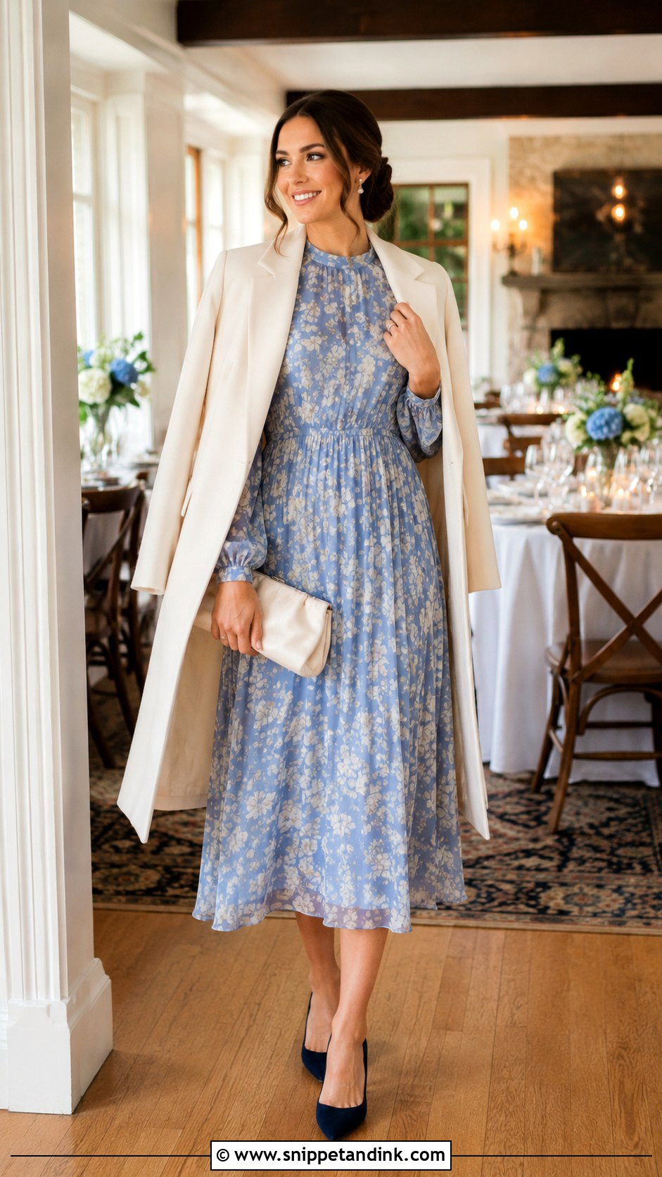 Blue Floral Fall Rehearsal Dinner Dress - Snippet and Ink - 20 Fall Rehearsal Dinner Dress for Bride Ideas