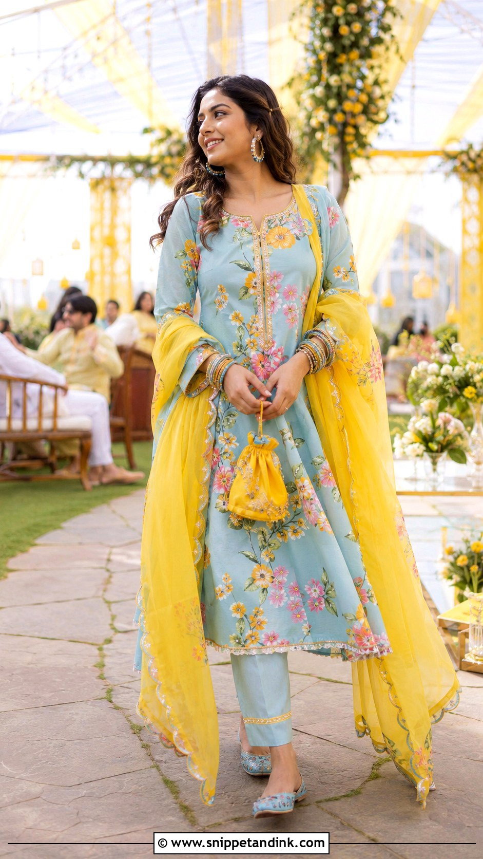 Blue Floral Kurta Set Haldi Outfit - Snippet and Ink - 20 Colourful Haldi Outfit Ideas