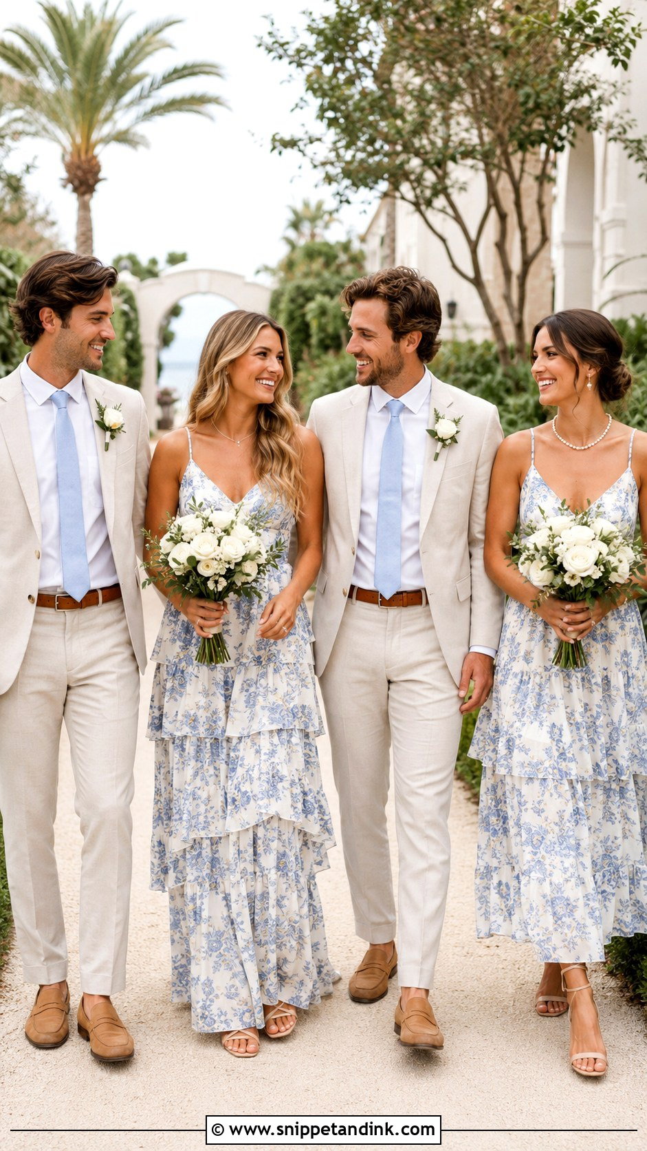 Blue Floral Maxi Dresses With Cream Suits - Snippet and Ink - 20 Blue Wedding Party Attire Ideas