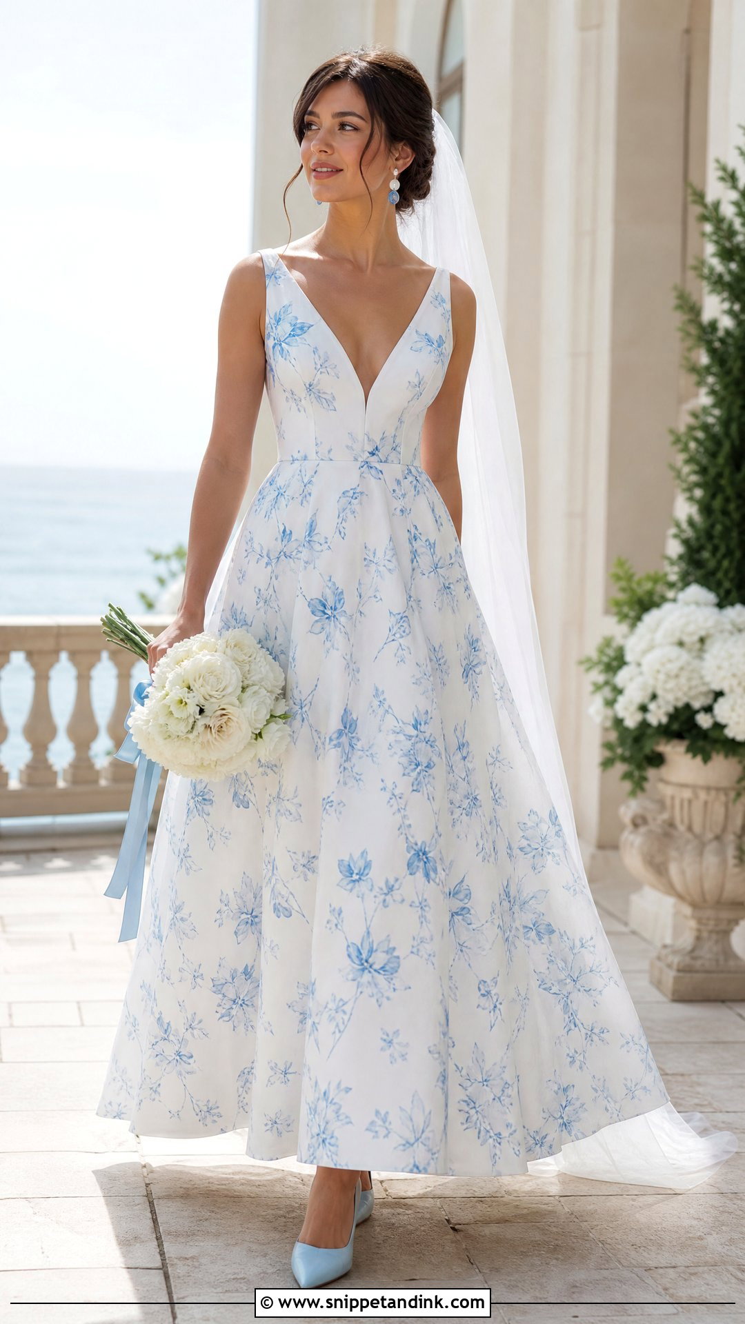 Blue Floral Print Wedding Dress - Snippet and Ink - 20 Pop of Color Wedding Dress Ideas