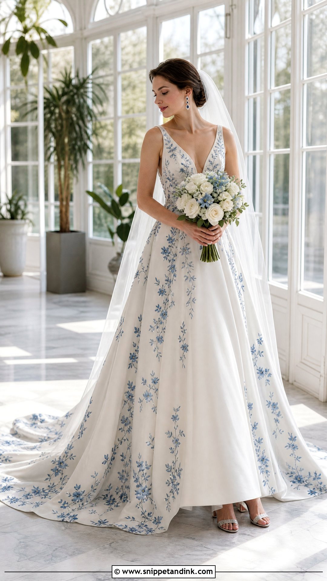 Blue Floral Train Wedding Dress - Snippet and Ink - 25 Bridal Train Ideas