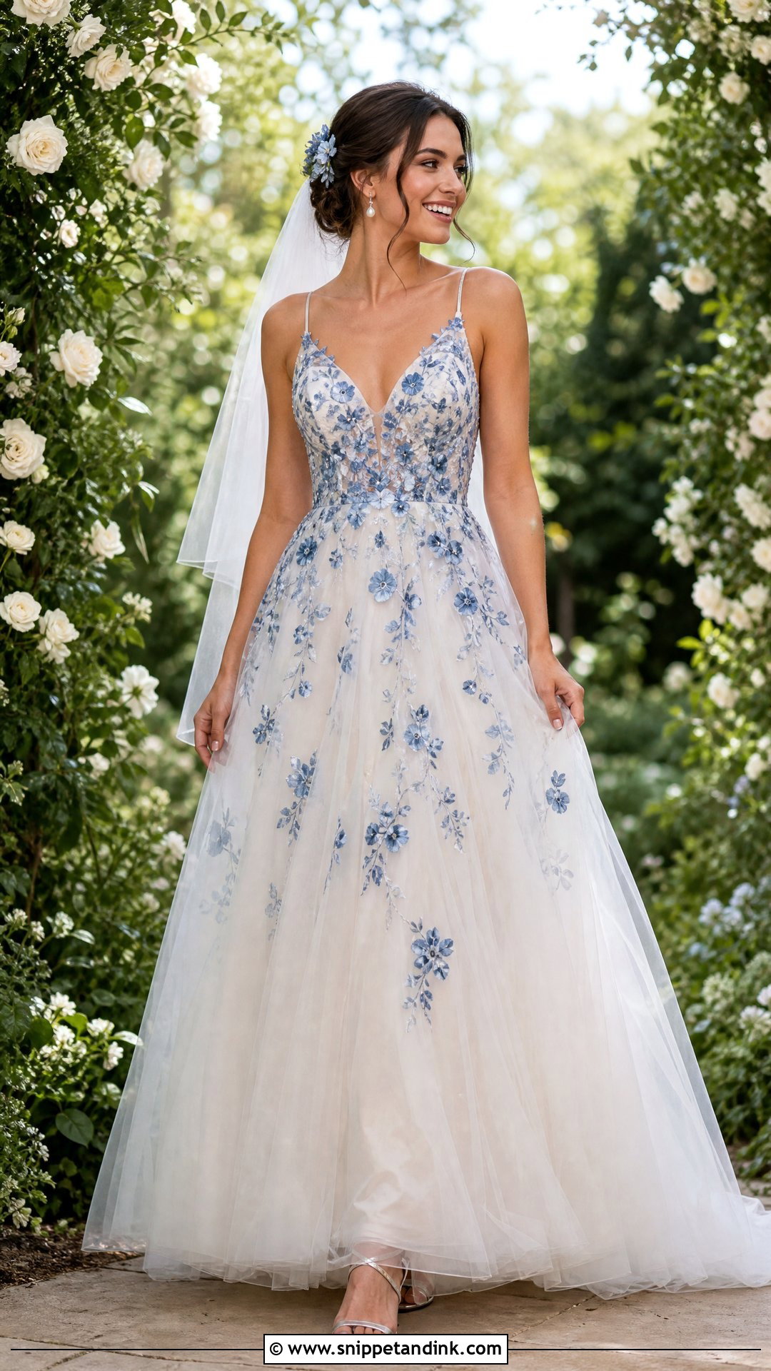 Blue Floral Tulle Wedding Dress - Snippet and Ink - 25 Floaty Wedding Dress Ideas