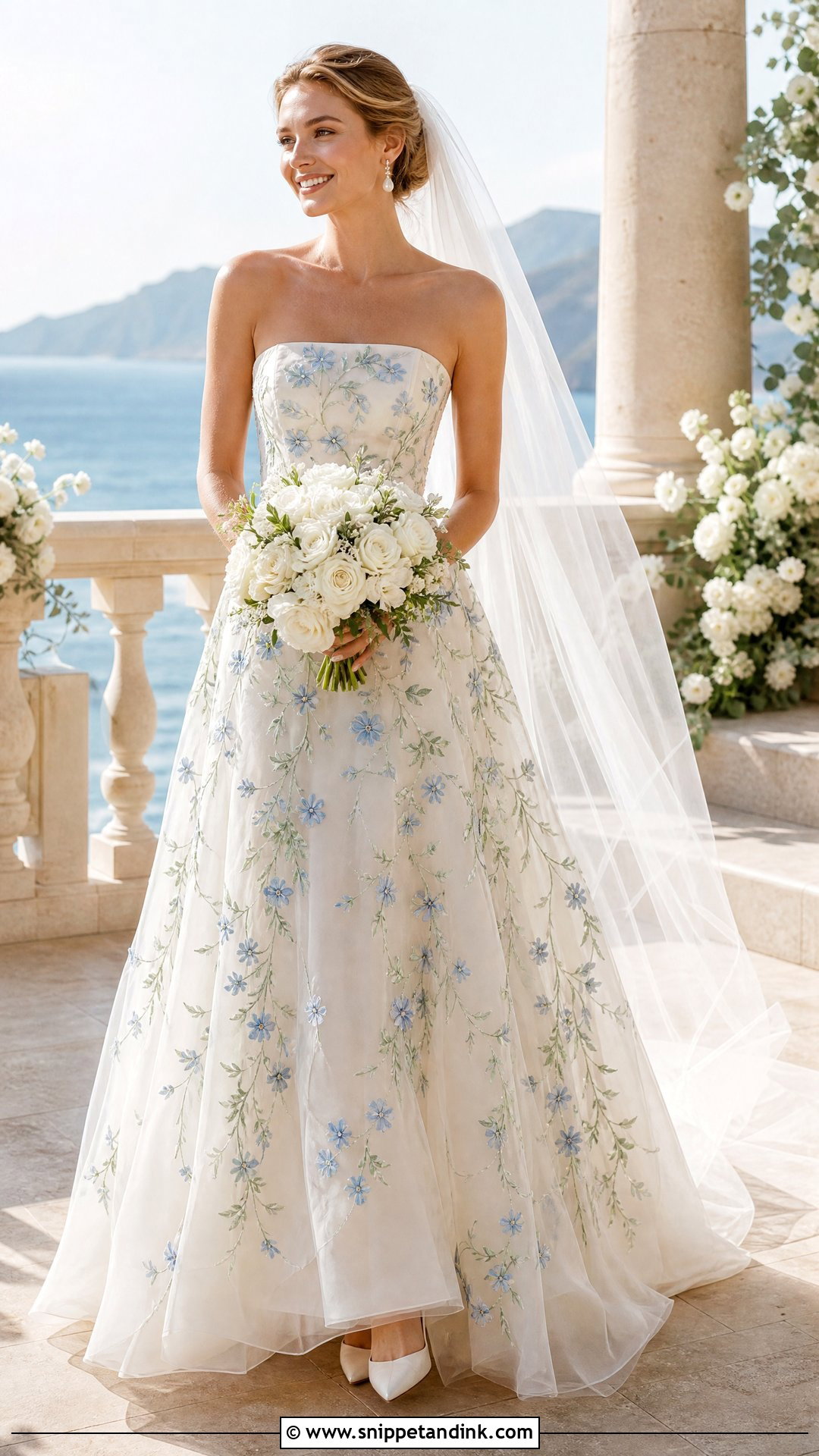 Blue Floral Wedding Dress With Ivory Accessories - Snippet and Ink - 20 Wedding Dress with Colorful Flowers