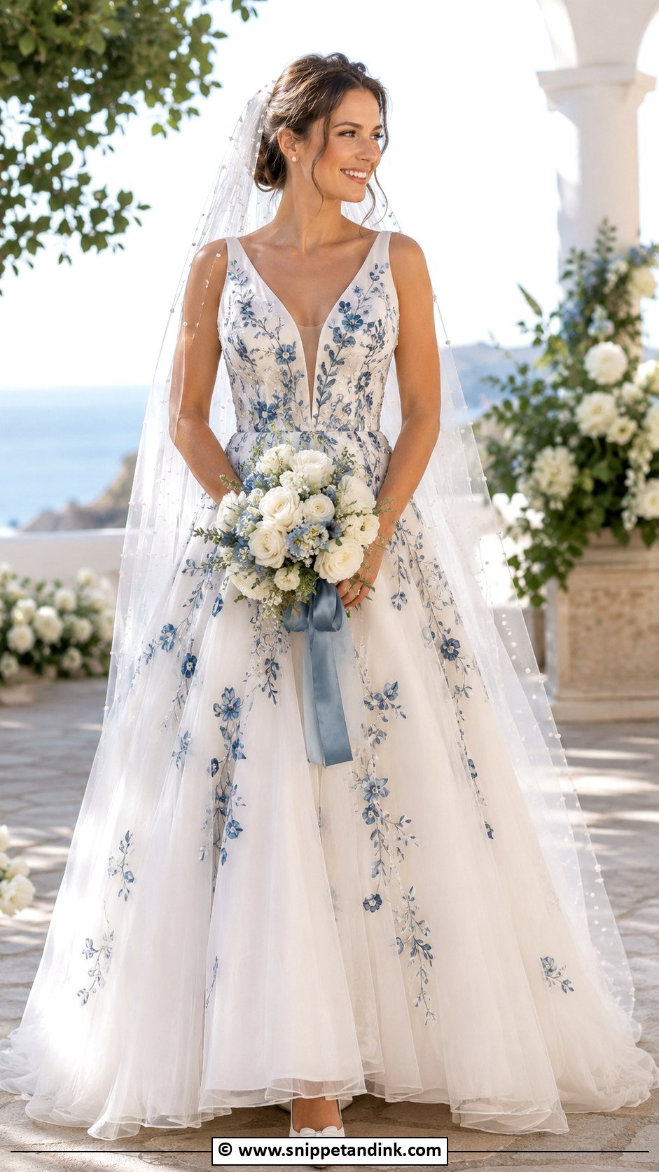 Blue Floral Wedding Dress With Pearl Veil - Snippet and Ink - 30 Colorful Wedding Dress Ideas