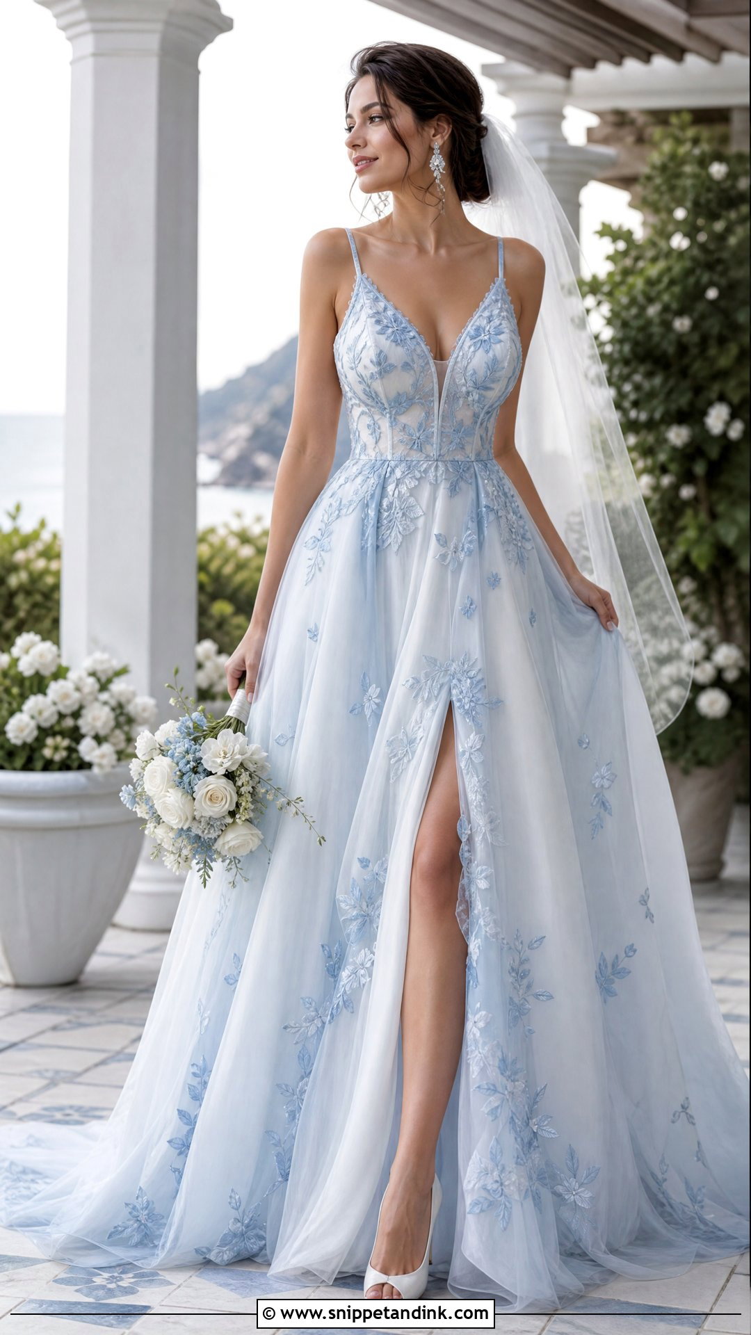 Blue Floral Wedding Dress With Silver Jewelry - Snippet and Ink - 25 Floral Wedding Dress Ideas