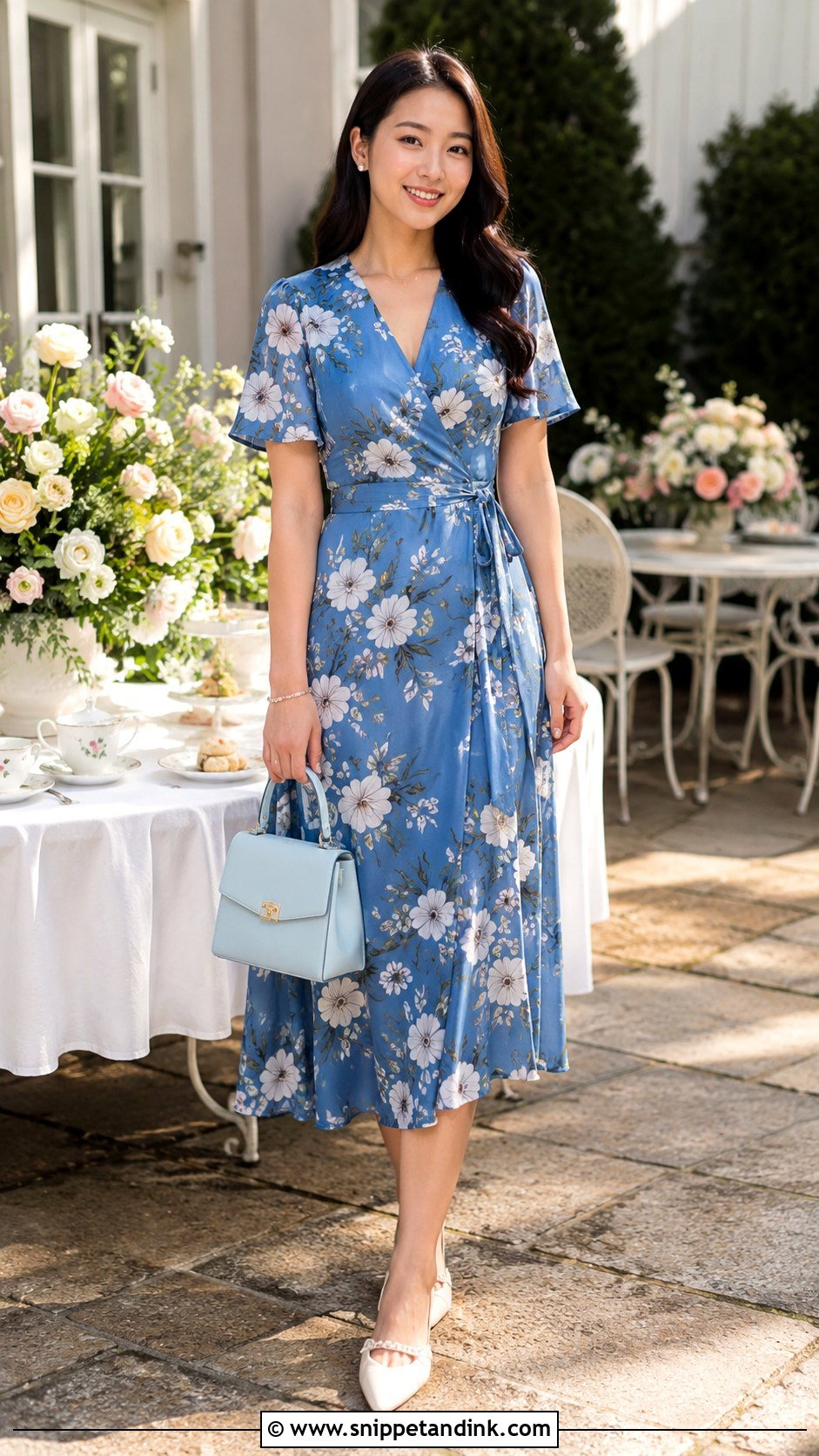 Blue Floral Wrap Dress Bridal Tea Party Outfit - Snippet and Ink - 20 Bridal Tea Party Outfit Ideas